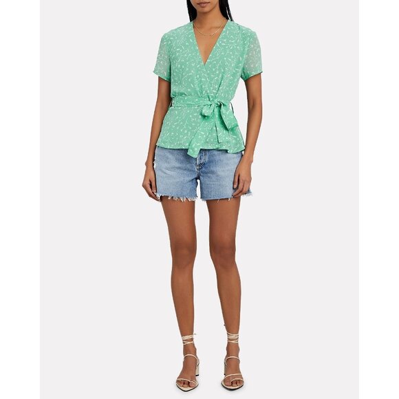 SAMSOE SAMSOE Klea Green Floral Crepe Short Sleeve Wrap Blouse, Size S - Picture 2 of 16